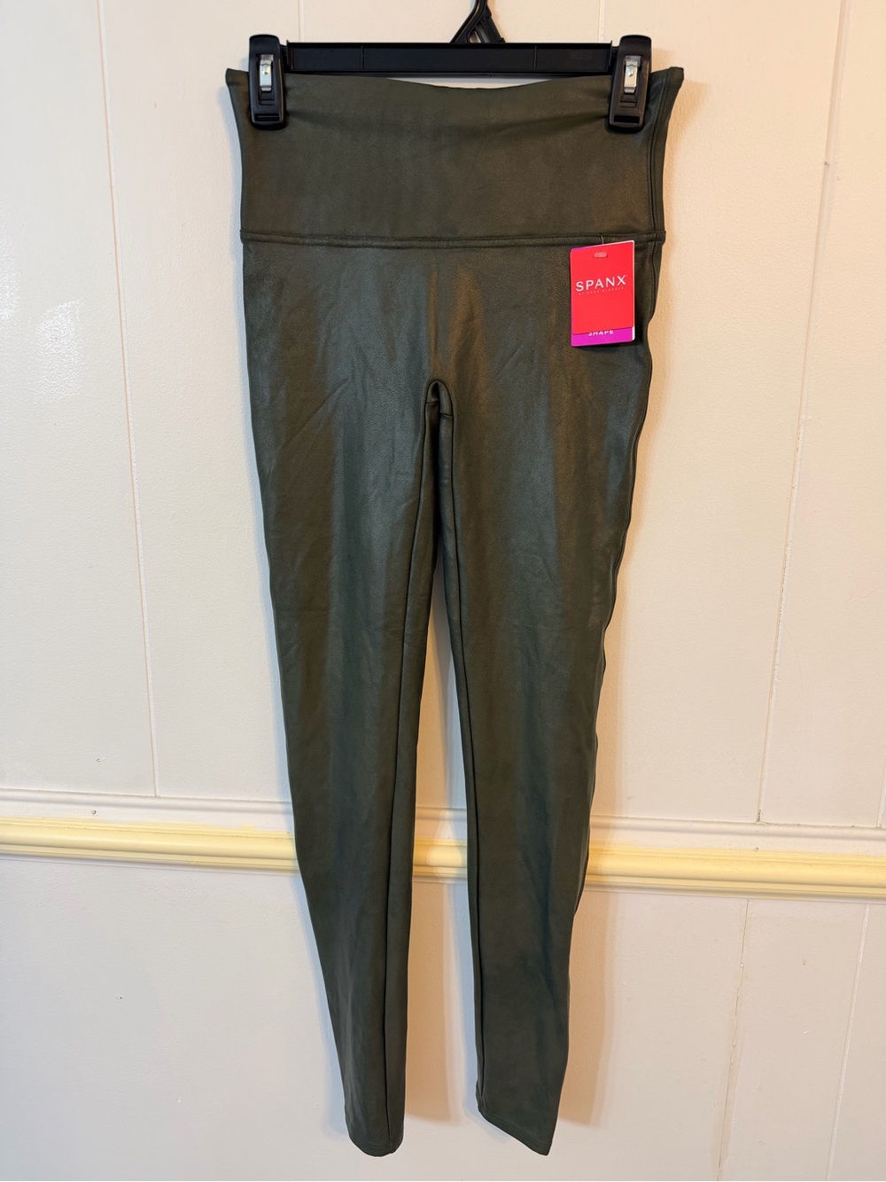 SPANX Olive Faux-Leather High-Waist Leggings - Size M